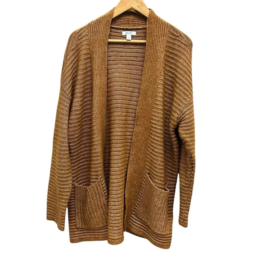 Nine West Brown Open Front Long Cardigan XL Lightweight Knit‎ Layering